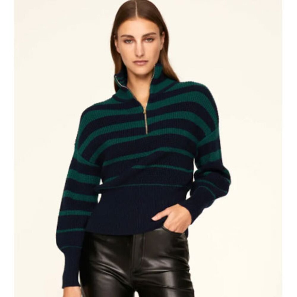 Trina Turk Misty Zip Pullover Sweater In Size Large Navy Blue Teal Green Stripes